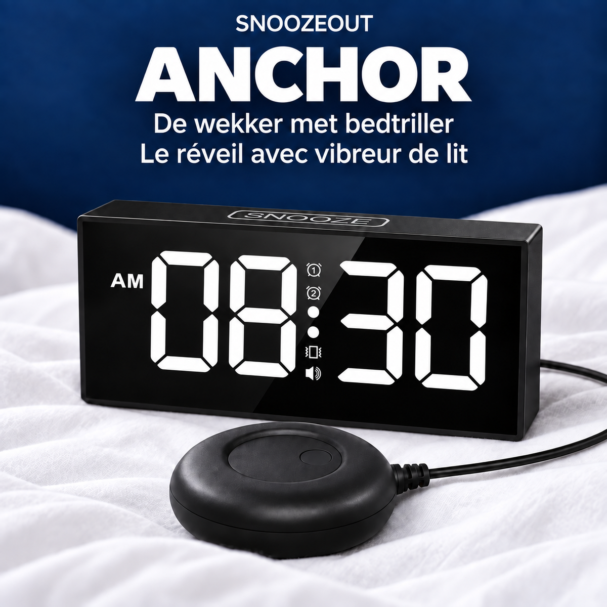 Anchor LED-wekker met bedtriller / Réveil LED Anchor avec vibreur de lit