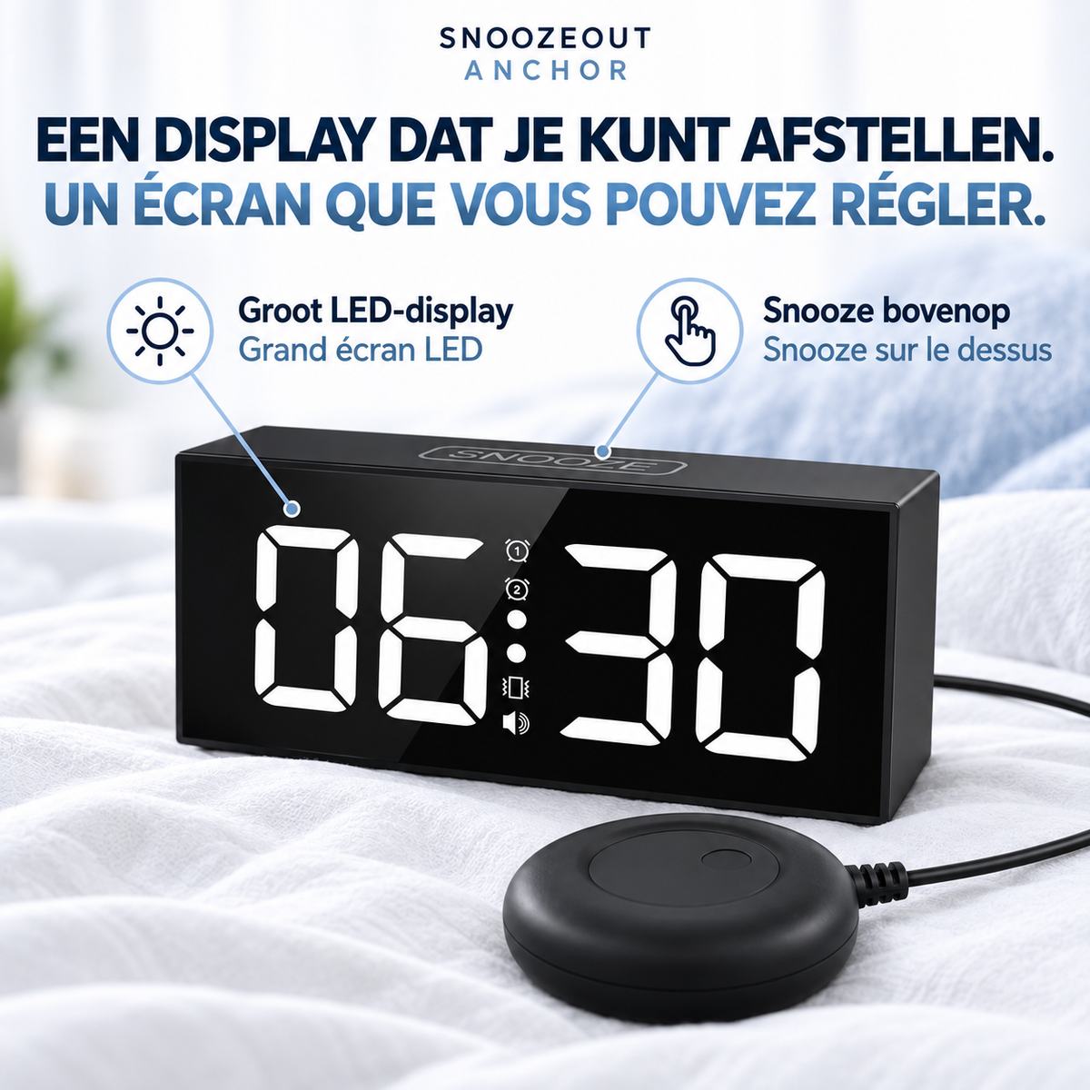Anchor met groot LED-display en snoozeknop bovenop / Anchor avec grand écran LED et bouton snooze sur le dessus