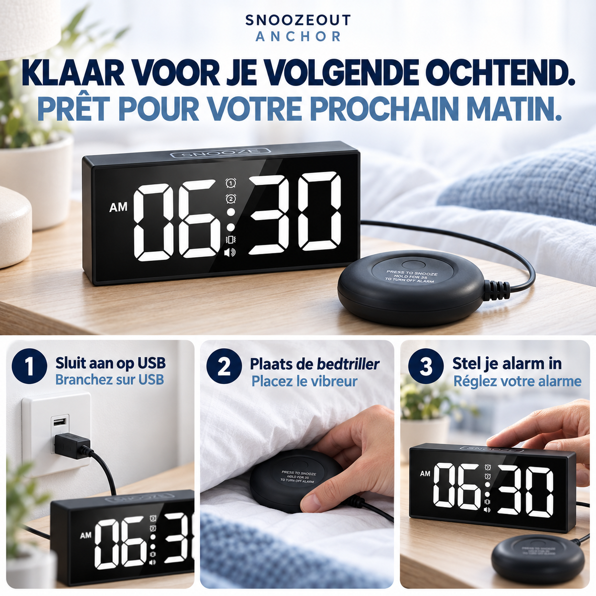 Anchor instellen: USB aansluiten, bedtriller plaatsen en alarm instellen / Installation d’Anchor : brancher l’USB, placer le vibreur et régler l’alarme