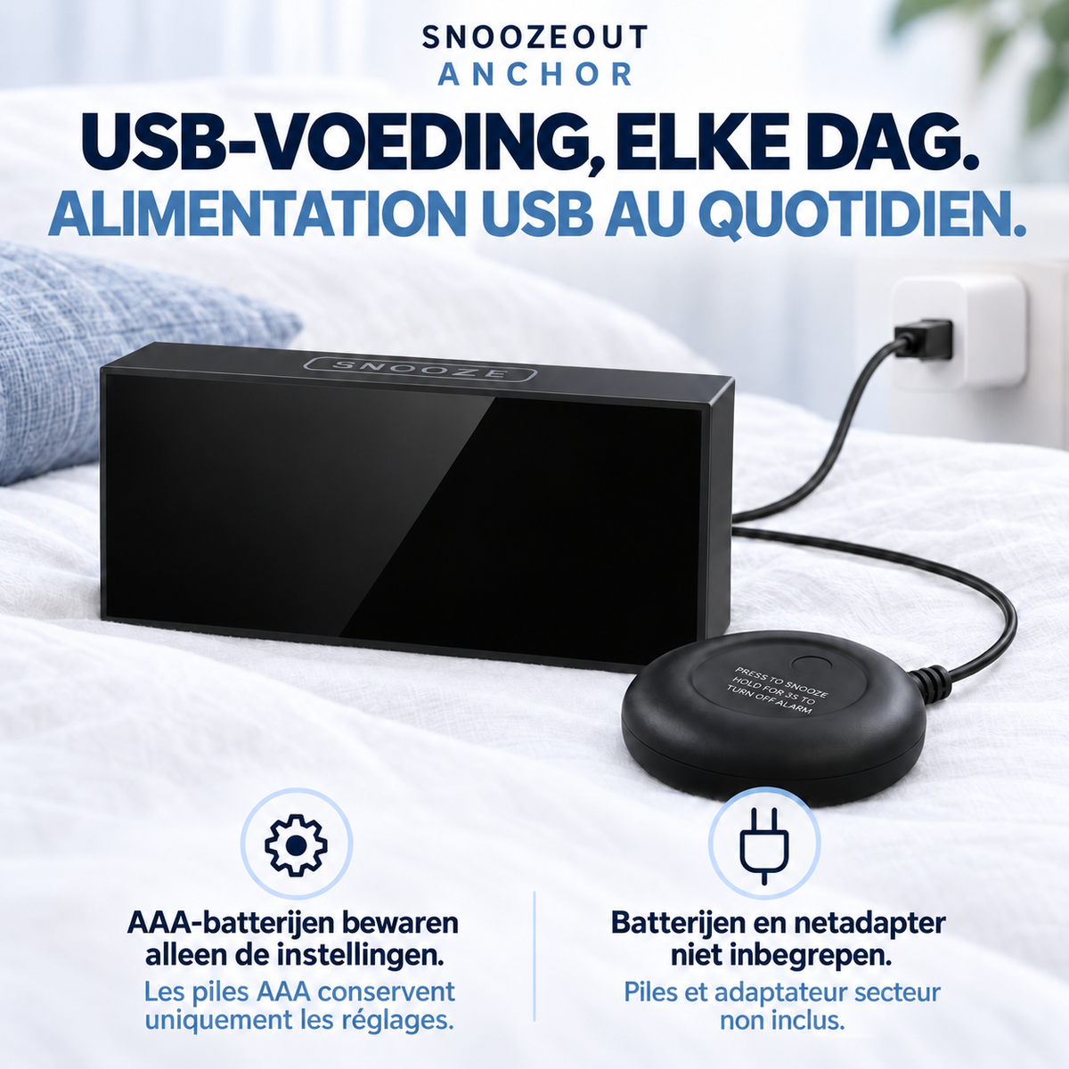 Anchor gebruikt USB-voeding; AAA-batterijen bewaren alleen instellingen / Anchor utilise une alimentation USB ; les piles AAA conservent uniquement les réglages