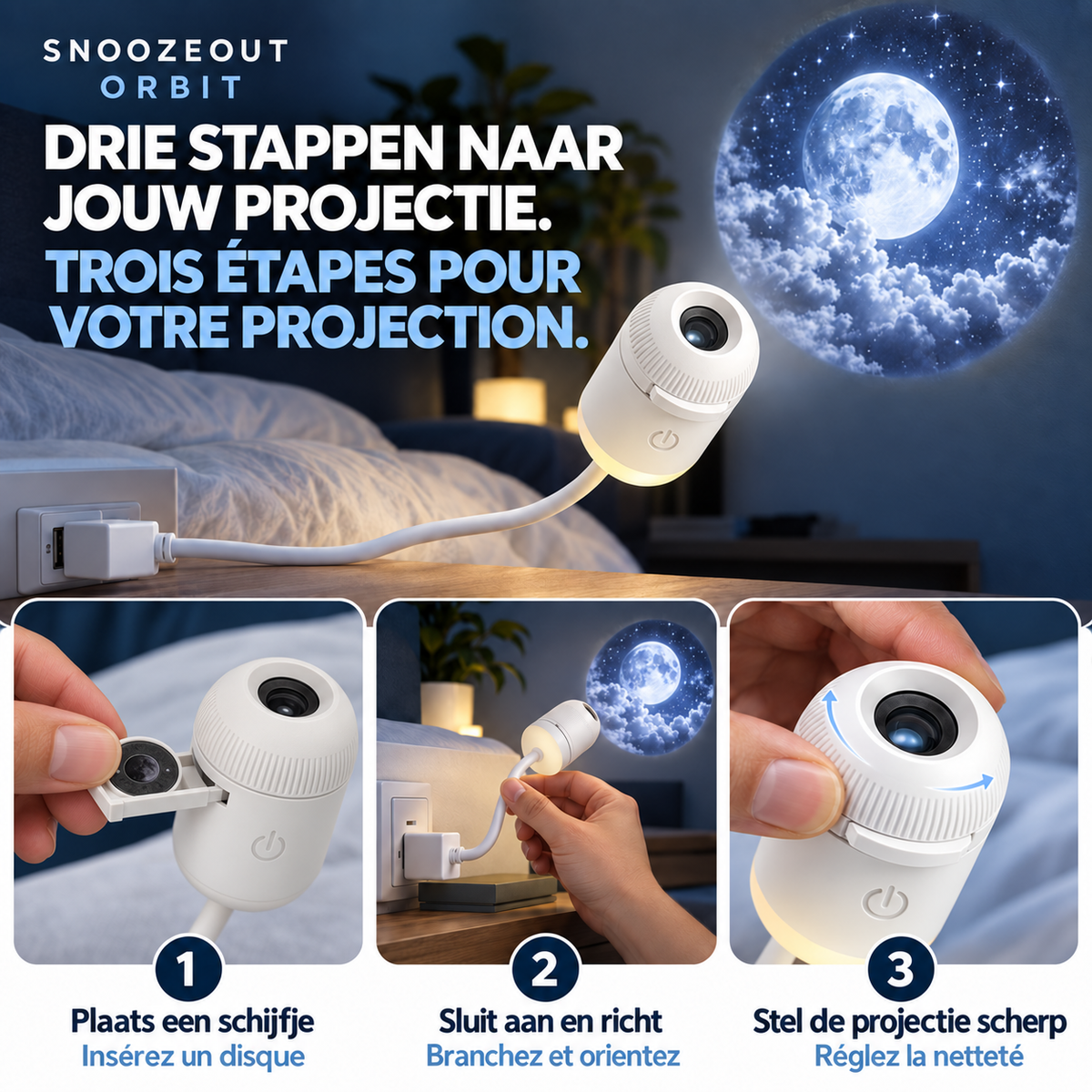 Orbit instellen: schijfje plaatsen, aansluiten en richten, scherpstellen / Installation d’Orbit : insérer le disque, brancher et orienter, régler la netteté
